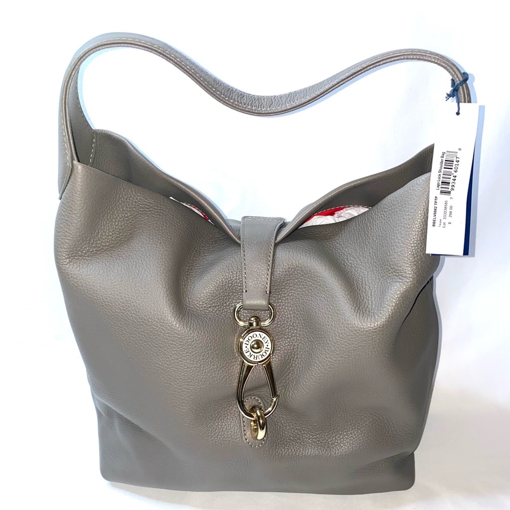 Dooney & Bourke Taupe Pebble Leather Logo Lock Handbag. Casual Gray Shoulder Bag